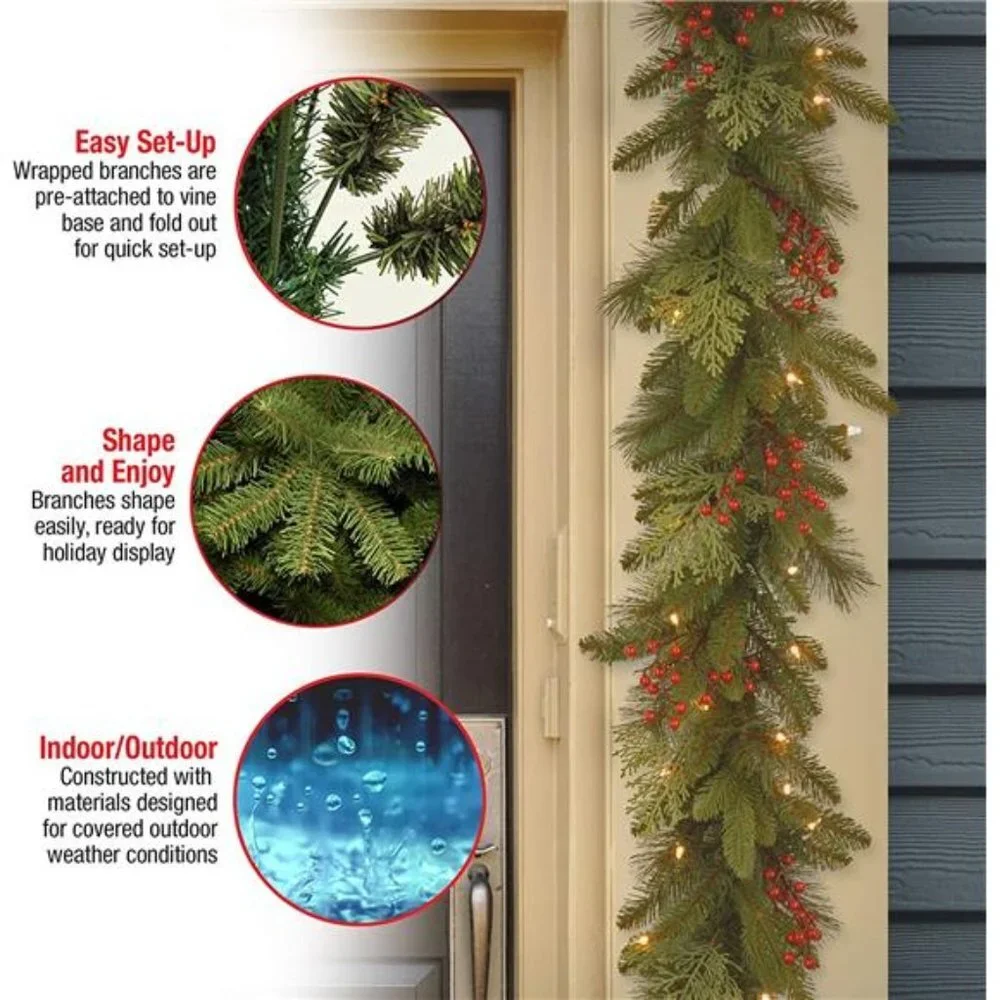 Pre-Lit 'Feel Real' Artificial Christmas Garland, With Berry Clusters,9 Feet